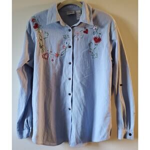 Vintage Koret City Blues Blouse Embroidered Whimsy Cottagecore Size M Roll Tab